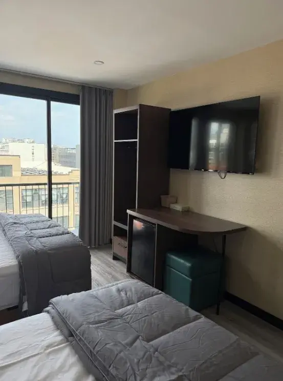 Skylux Hotel double room with television, desk and mini fridge